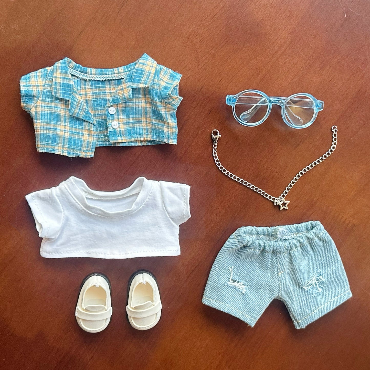 Labubu Clothes, 17cm Labubu Doll Clothes Set - Blue Plaid Shirt and Ripped Jeans Outfit, No Doll Included