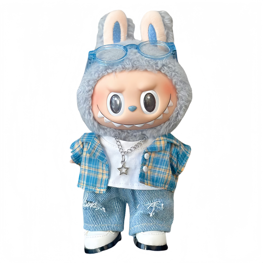 Labubu Clothes, 17cm Labubu Doll Clothes Set - Blue Plaid Shirt and Ripped Jeans Outfit, No Doll Included